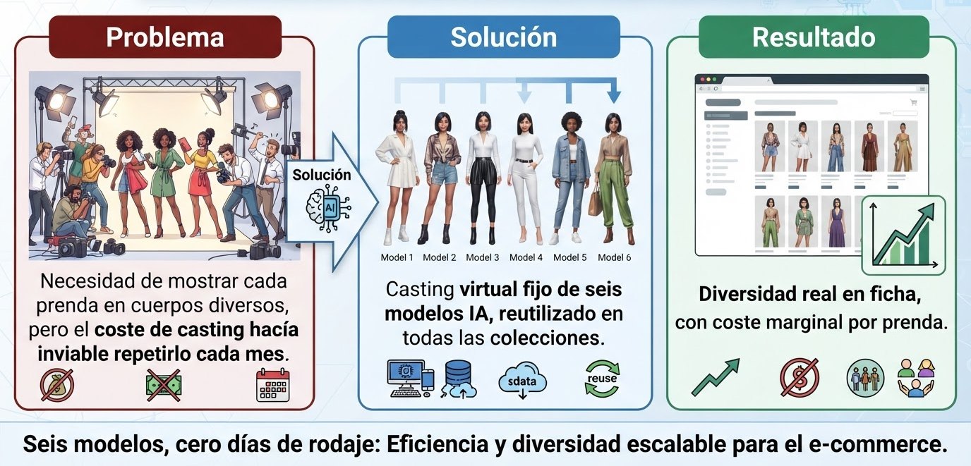 Esquema del caso: el problema de un rodaje con muchas modelos y equipo, la solución de un casting virtual fijo de seis modelos IA reutilizado en todas las colecciones, y el resultado de un catálogo con diversidad real a coste marginal