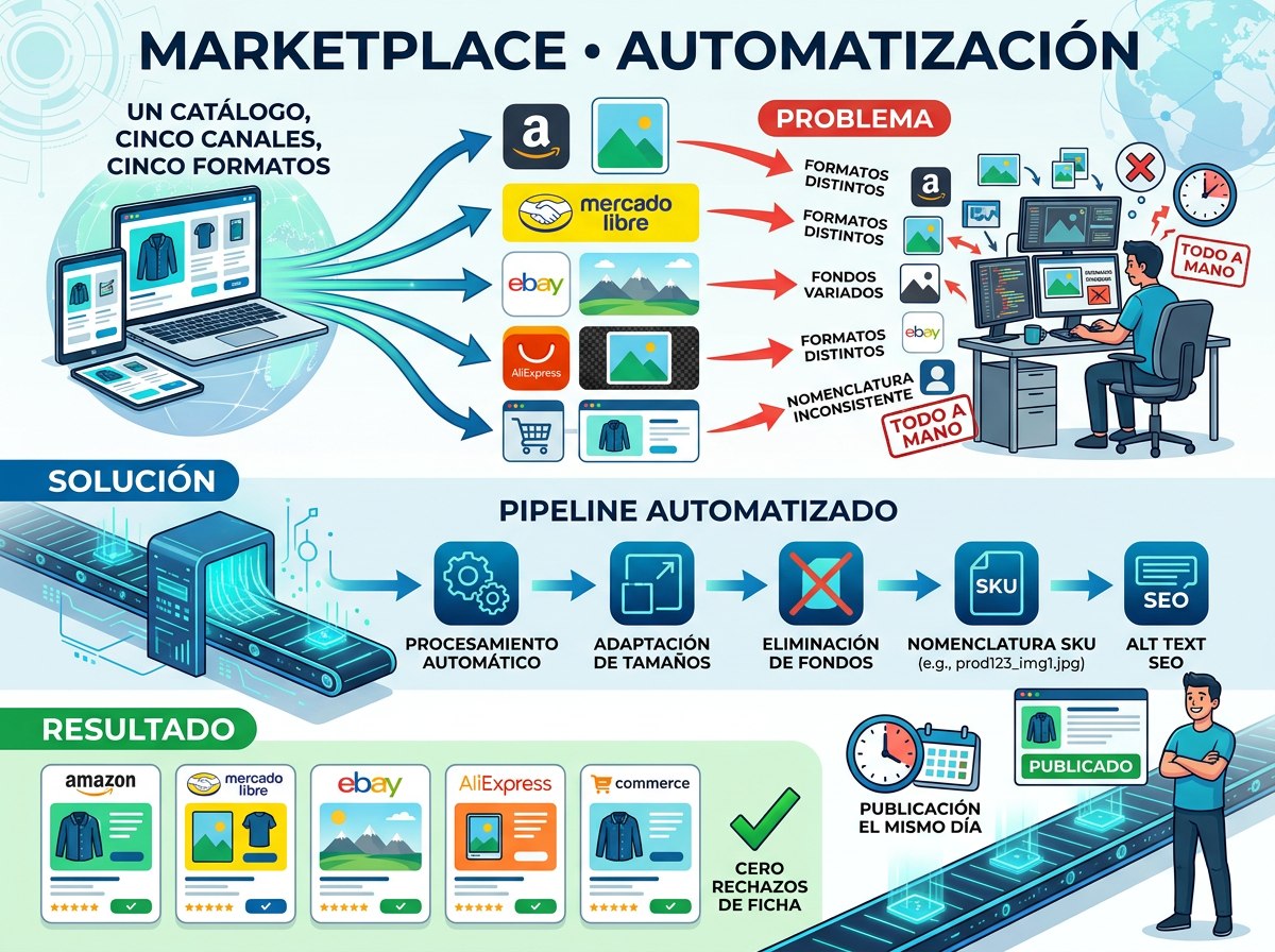 Esquema del caso: un mismo catálogo enviado a cinco marketplaces que exigen formatos, fondos y nomenclaturas distintos; un pipeline automatizado adapta tamaños, elimina fondos, nombra por SKU y genera alt text, y las fichas se publican el mismo día sin rechazos
