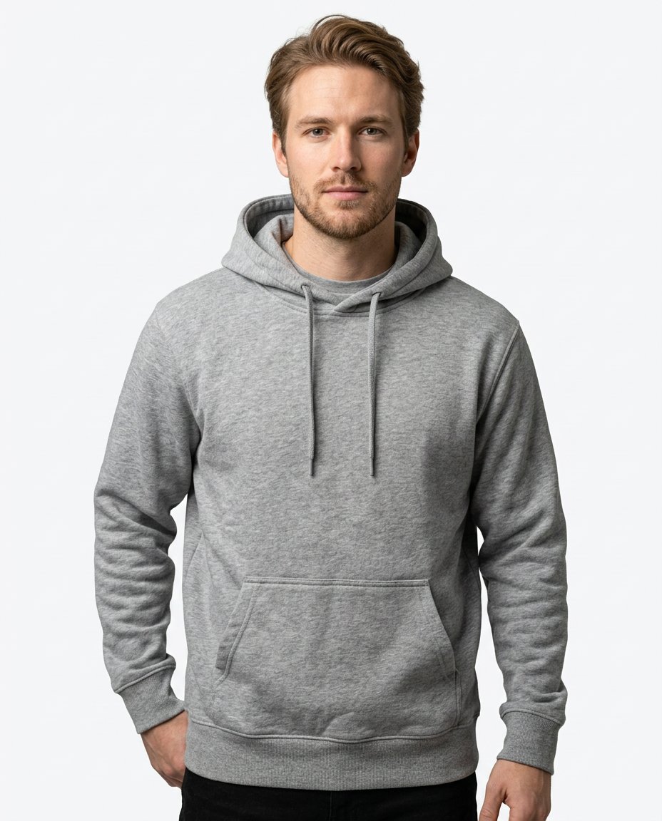 La misma sudadera gris puesta sobre un modelo generado con IA sobre fondo claro, resultado del lote