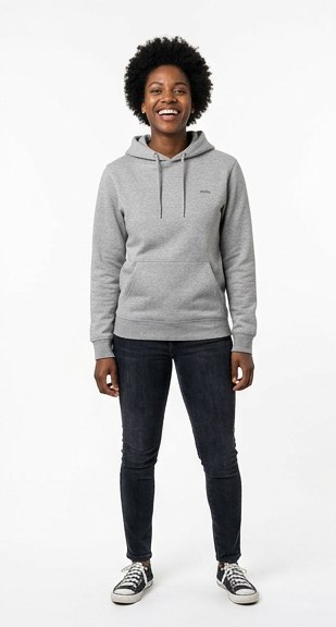 Modelo virtual generada con IA vistiendo la misma sudadera gris, pose de estudio sobre fondo blanco
