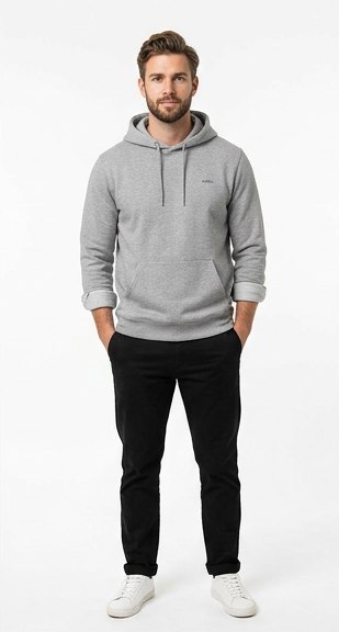 Modelo virtual generado con IA vistiendo la misma sudadera gris, pose de estudio sobre fondo blanco