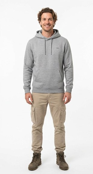 Modelo virtual generado con IA vistiendo la misma sudadera gris, pose de estudio sobre fondo blanco