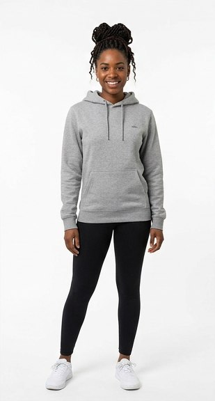 Modelo virtual generada con IA vistiendo la misma sudadera gris, pose de estudio sobre fondo blanco
