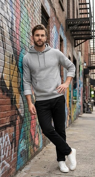 El mismo modelo virtual con la misma sudadera gris, en un escenario de exterior urbano