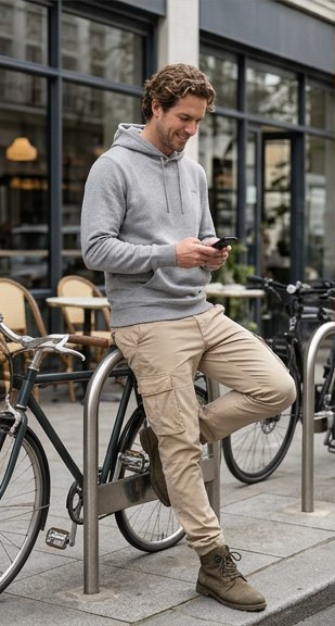 El mismo modelo virtual con la misma sudadera gris, en un escenario de exterior urbano
