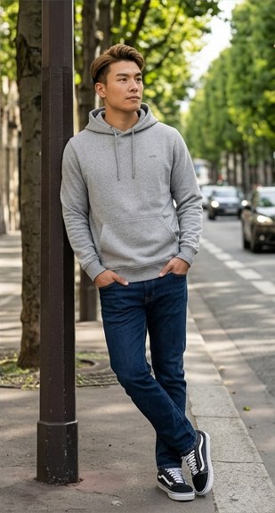 El mismo modelo virtual con la misma sudadera gris, en un escenario de exterior urbano