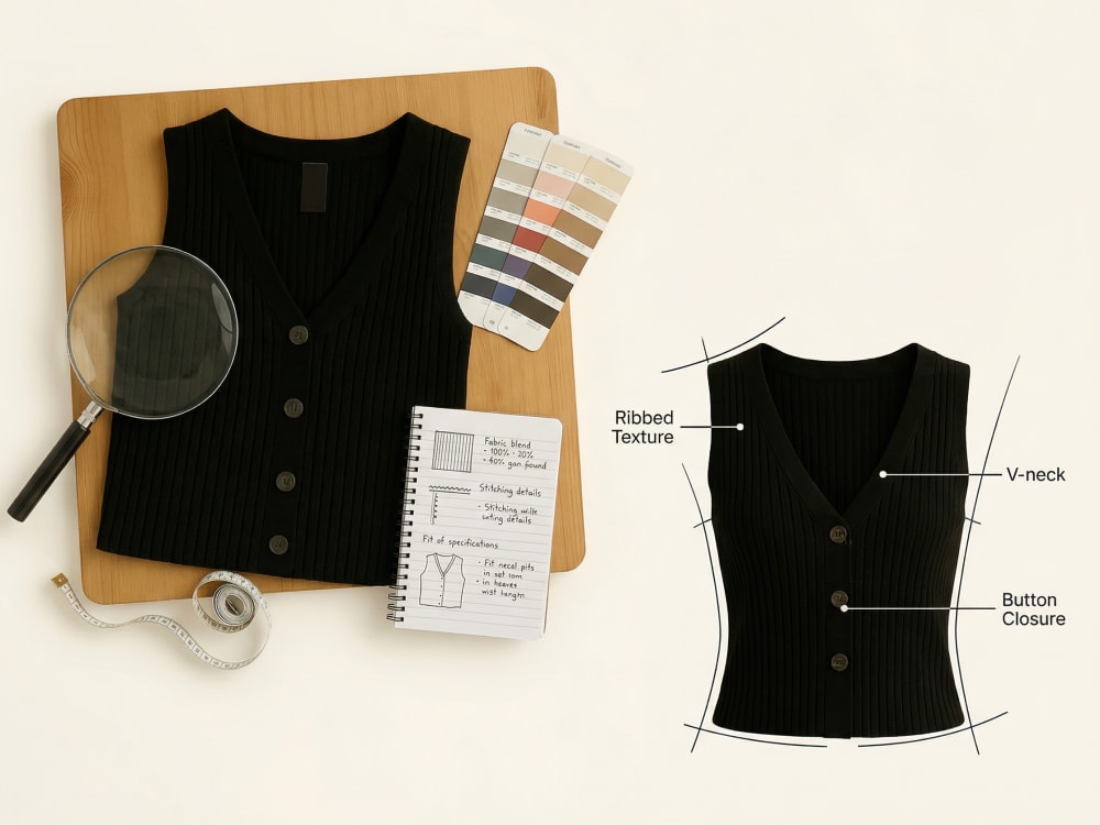 Chaleco negro de canalé sobre tabla de madera junto a cartas de color y cuaderno con anotaciones técnicas de tejido y patrón