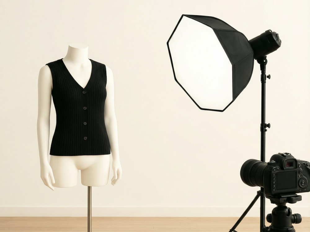 Maniquí con chaleco negro iluminado por una ventana octogonal de estudio, con cámara sobre trípode